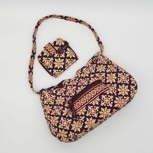 Vera Bradley Quilted Shoulder Bag Matching Wallet Set Burgundy Floral Pattern